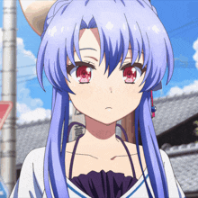 a girl with purple hair and red eyes stands in front of a street sign