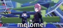 a couple of anime girls are standing next to each other and the word melomei is on the bottom