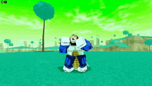 a cartoon character is standing in a field with a green sky in the background