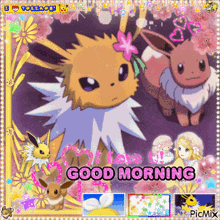 a picture of eevee with a flower in its hair says good morning