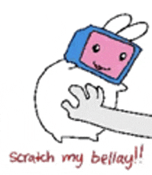 a cartoon of a rabbit with a box on its head scratching another rabbit 's arm .