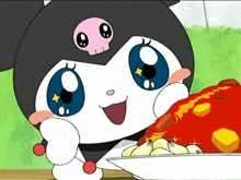 a cartoon character is holding a plate of food and smiling .