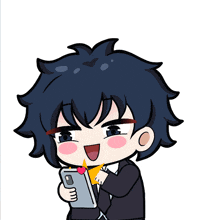 a cartoon of a boy holding a cell phone with hearts behind him