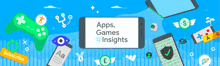 an advertisement for apps games and insights shows a phone surrounded by icons