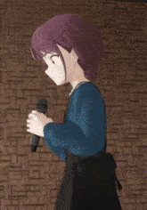 a girl with purple hair is holding a microphone in her hand