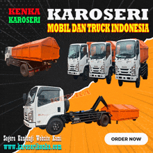 an advertisement for kenda karoseri mobil dan truck indonesia shows several different types of trucks