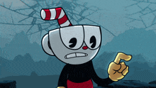 a cartoon character with a cup on his head and a red and white striped cane