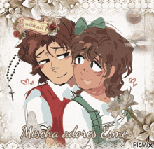 a drawing of a boy and a girl with the name mischa adores esme