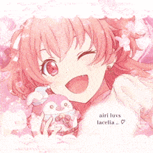 a picture of a girl with pink hair and the words " airi luvs lacelia " on the bottom