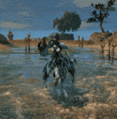 a video game character is standing in a body of water with trees in the background