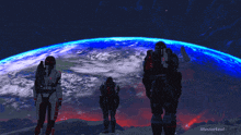 three soldiers are standing in front of a blue and red planet with illusive soul written on the bottom
