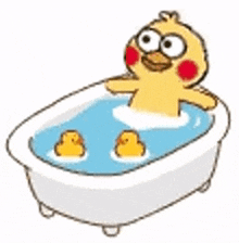 a cartoon duck is sitting in a bathtub with two rubber ducks .