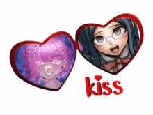 a picture of two anime girls with the word kiss in red