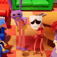 a cartoon character with a sad face is standing next to a purple bunny rabbit