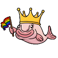 a cartoon fish with a crown on its head holding a rainbow flag