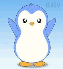 a blue and white penguin with the word pengu on the bottom left
