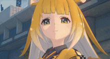 a close up of a cartoon character with yellow hair and green eyes