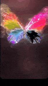 a colorful butterfly is flying in the dark with a black background