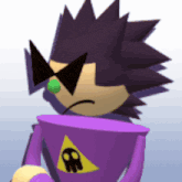 a cartoon character wearing sunglasses and a purple shirt with a yellow triangle with a skull on it