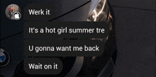 a screenshot of a text message with the words werk it it 's a hot girl summer tre u gonna want me back wait on it