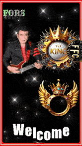 a man is playing a guitar in front of a king logo