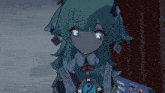 a drawing of a girl with green hair and a necklace that says 18 on it