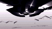 a black and white painting of a landscape with a star in the sky