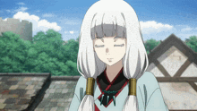 a girl with white hair is wearing a necklace that says ' oi ' on it