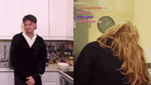 a man and a woman standing next to each other in a kitchen with a clock on the wall above them