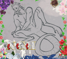 a drawing of a monster surrounded by flowers and the words ngh