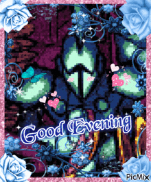 a picture that says good evening is surrounded by blue roses