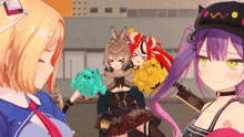 a group of anime girls are standing next to each other with one wearing a hat with the letter w on it
