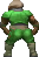 a pixel art of a man in a green outfit and hat standing with his hands in his pockets .