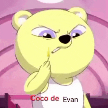 a cartoon bear is smoking a cigarette and has the name coco de evan written on his shirt .