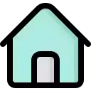 a blue house with a white door and a black roof .