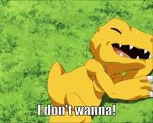 a cartoon character laying in the grass with the words " i don 't wanna "