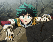 a cartoon character with green hair and white gloves is standing next to a rock