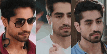 a collage of three pictures of a man with a beard wearing sunglasses .