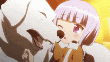 a girl with purple hair and pink eyes kisses a white dog
