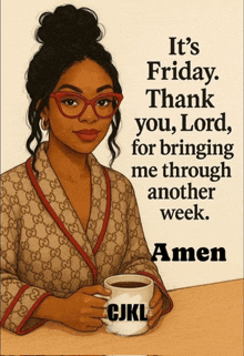 a woman in a gucci robe is holding a cup of coffee and says it 's friday