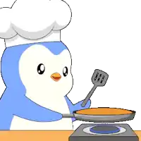 a blue and white penguin wearing a chef 's hat is cooking pancakes