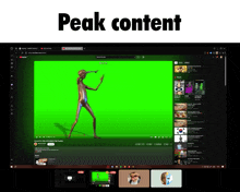 a computer screen with a green screen and the words peak content below it