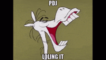 a cartoon rabbit is laughing with its mouth open and the words `` pdj loling it '' written on the bottom .
