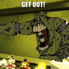 a cartoon of a monster with a big mouth and the words `` get out '' .
