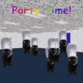 a group of black and white crocs are dancing with the words party time written above them