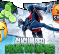 a man is carrying another man on his back with the words cucumber prank on homies