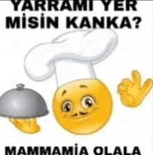 a cartoon smiley face wearing a chef 's hat is holding a silver cloche .