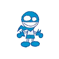 a drawing of a blue cartoon character with a big smile