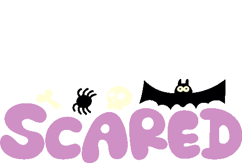 Scared White Skull And Black Bat And Spider Above Scared In Purple Bubble Letters Sticker - Scared White Skull And Black Bat And Spider Above Scared In Purple Bubble Letters Spooky Stickers