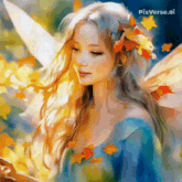 a painting of a woman with wings and leaves in her hair